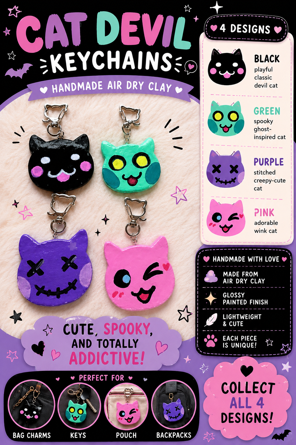 Cat Devil Keychains – Handmade Air Dry Clay Charms&nbsp;