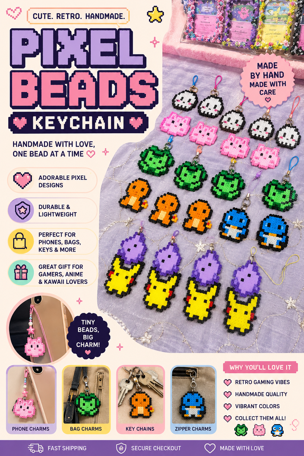 Pokemon Pixel Beads Phone Charm Keychains